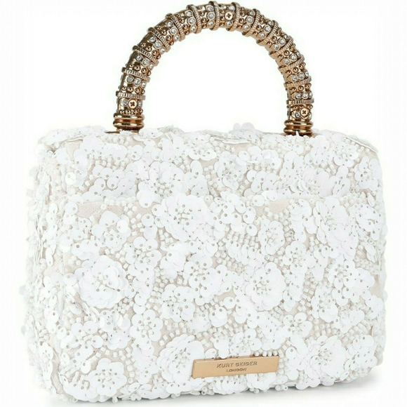 NWT & Dusty! Kurt Geiger White Sequin Floral Embellished Satchel / Crossbody - Picture 10 of 13